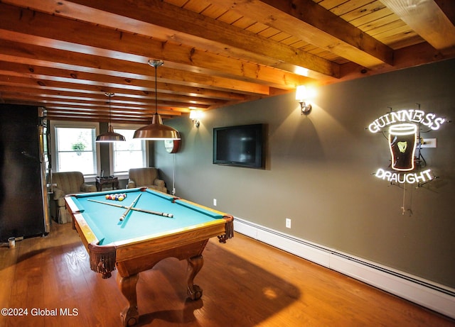 recreation room featuring wood finished floors, pool table, beam ceiling, and wooden ceiling