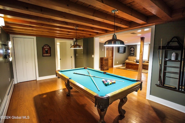 game room with wood finished floors, a baseboard heating unit, pool table, and beam ceiling