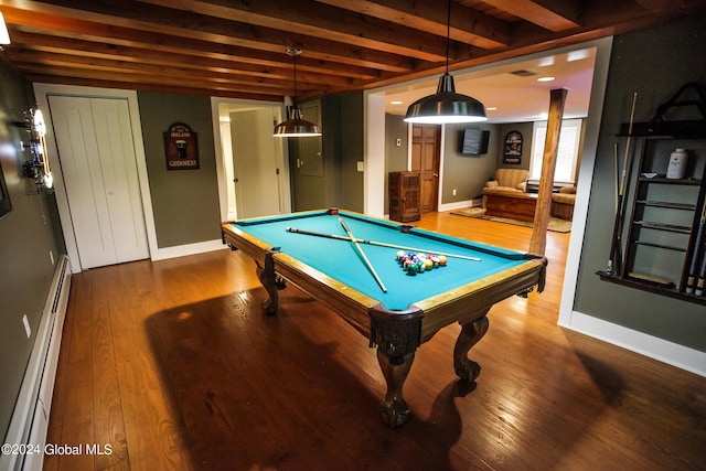 recreation room with pool table, baseboard heating, hardwood / wood-style flooring, and beamed ceiling