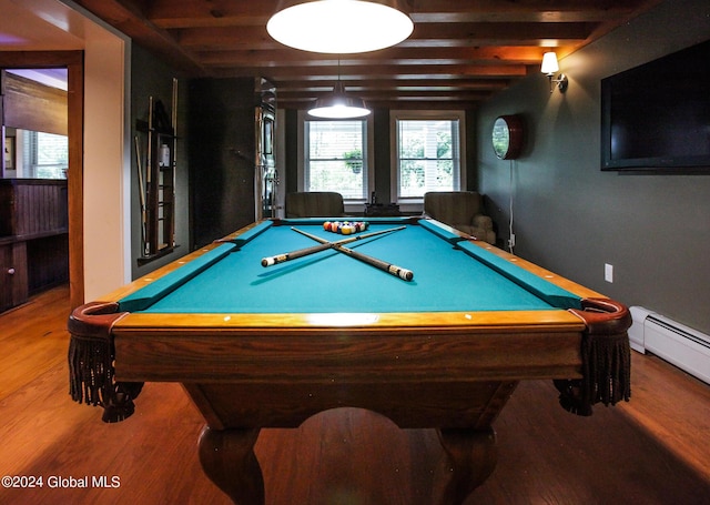 recreation room with wood finished floors, pool table, and beamed ceiling