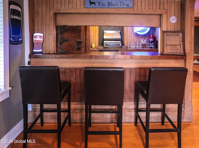 bar featuring wooden walls, a dry bar, and wood finished floors