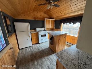 kitchen featuring ceiling fan, white appliances, wooden ceiling, wood finished floors, and vaulted ceiling