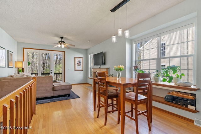 dining area featuring a textured ceiling, plenty of natural light, and light wood-type flooring