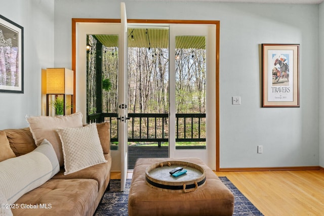 doorway to outside featuring baseboards, plenty of natural light, and wood finished floors