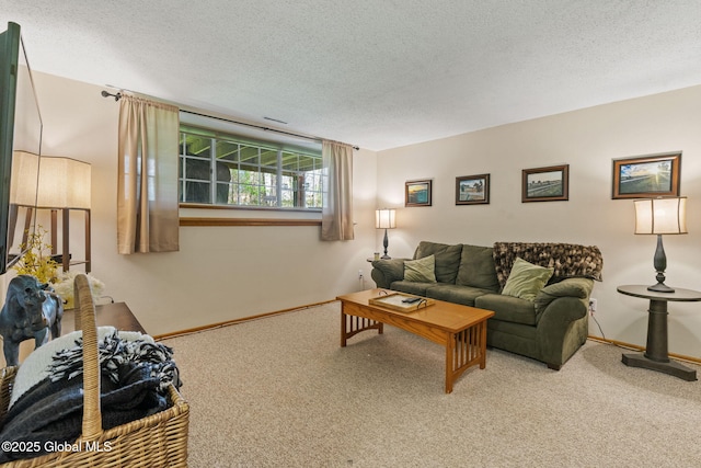 carpeted living area with baseboards and a textured ceiling