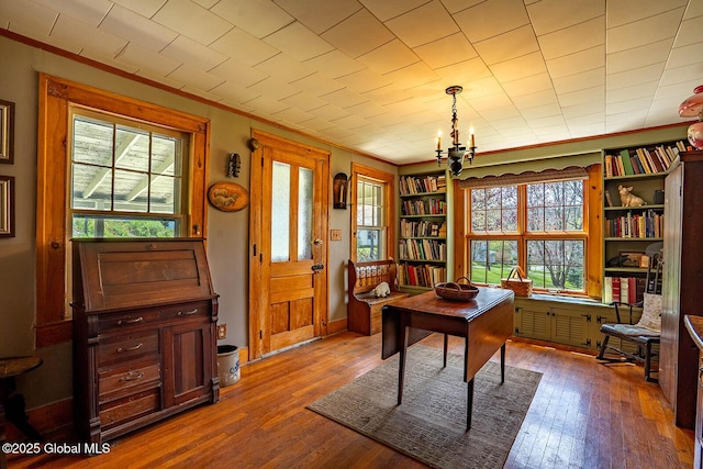 office area with an inviting chandelier, ornamental molding, a healthy amount of sunlight, and hardwood / wood-style floors