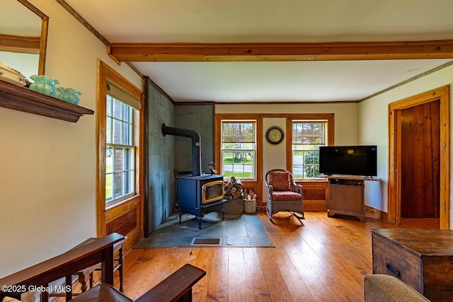 living room featuring visible vents, a wood stove, light wood-style flooring, and a healthy amount of sunlight