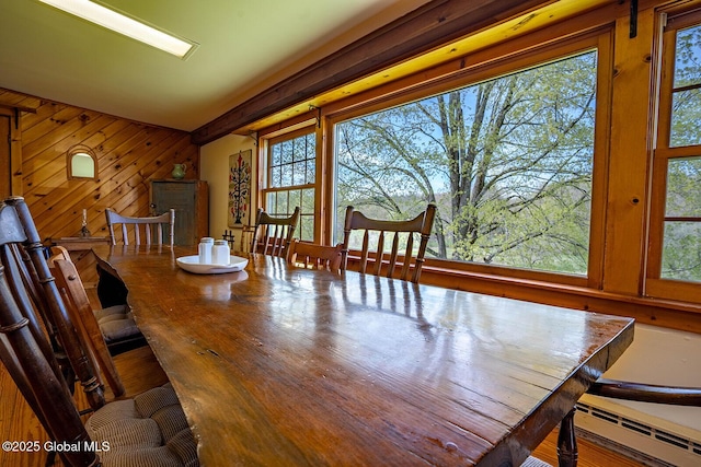 dining area featuring wood walls, a wealth of natural light, and a baseboard radiator