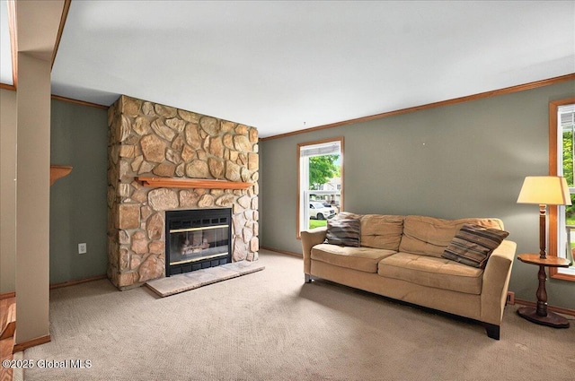23 Hilton Dr, Moreau, NY 12803 - living area featuring crown molding, carpet, a fireplace, and baseboards