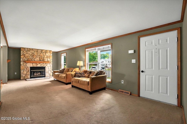 23 Hilton Dr, Moreau, NY 12803 - carpeted living room featuring ornamental molding, baseboards, and a fireplace