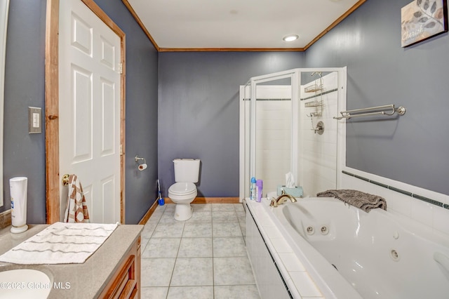 bathroom with a shower stall, toilet, a tub with jets, tile patterned flooring, and ornamental molding