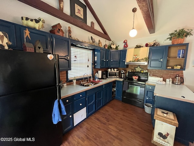kitchen featuring a sink, dark wood-type flooring, light countertops, blue cabinets, and black appliances