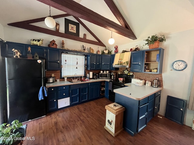 kitchen featuring a peninsula, blue cabinetry, a sink, and black appliances