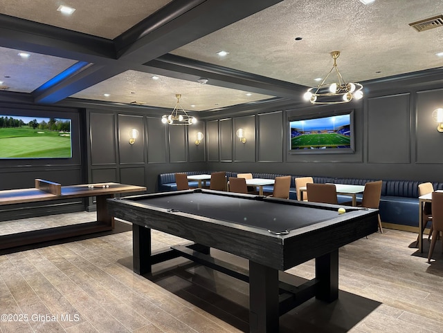 19 Washington St Unit 359I, Saratoga Springs, Inside, NY 12866 - playroom with a decorative wall, light wood-style flooring, billiards, a chandelier, and coffered ceiling