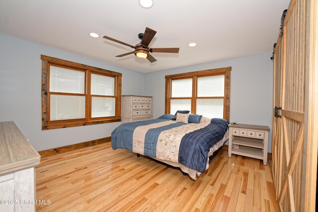bedroom with recessed lighting, baseboards, a ceiling fan, and light wood-type flooring