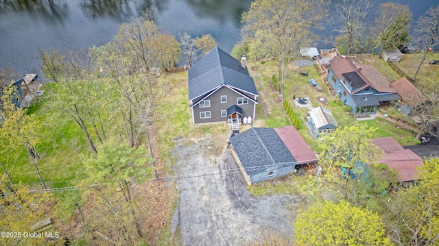 aerial view featuring a water view