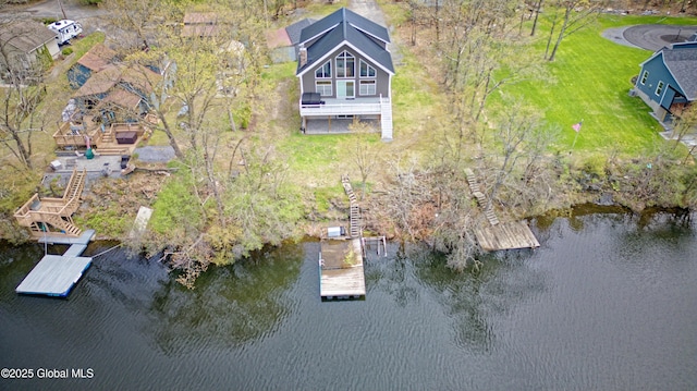 aerial view featuring a water view