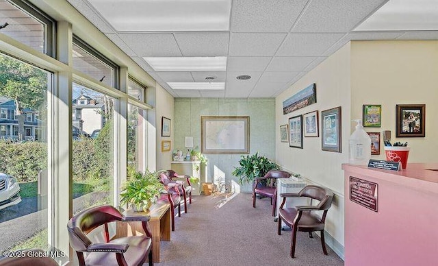 interior space featuring carpet flooring and a paneled ceiling