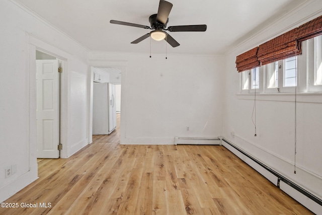 unfurnished room with a baseboard radiator, light wood-style flooring, a ceiling fan, and ornamental molding
