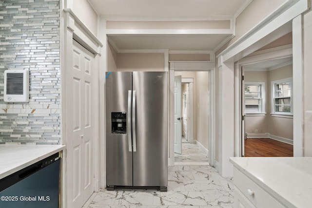 18 Bertha St, Albany, NY 12209 - kitchen featuring marble finish floor, crown molding, heating unit, light stone countertops, and stainless steel fridge with ice dispenser