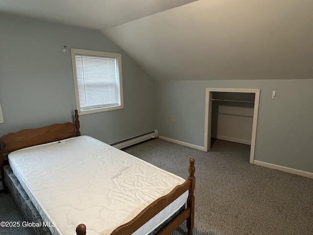 carpeted bedroom with baseboards, a baseboard heating unit, and vaulted ceiling