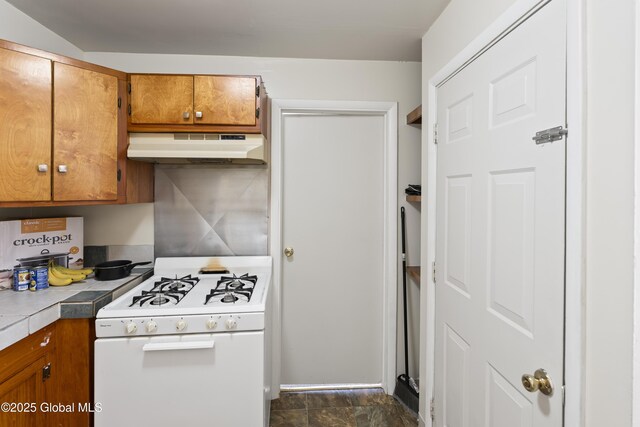 100 3rd St, Waterford, NY 12188 - kitchen with brown cabinetry, under cabinet range hood, tile counters, and white gas range