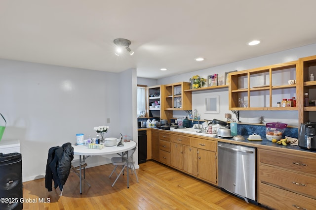 100 3rd St, Waterford, NY 12188 - kitchen with open shelves, light wood-type flooring, recessed lighting, a sink, and dishwasher