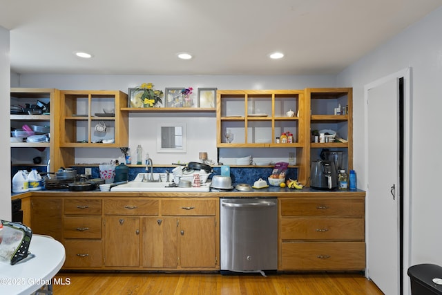 100 3rd St, Waterford, NY 12188 - kitchen with open shelves, a sink, light wood finished floors, and dishwasher