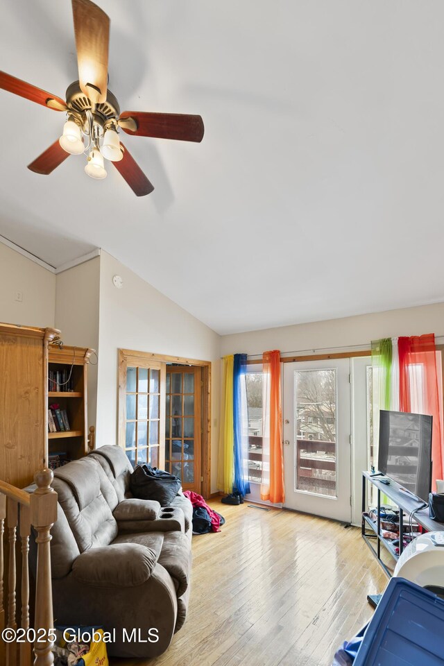 100 3rd St, Waterford, NY 12188 - living room with wood finished floors, ceiling fan, and lofted ceiling