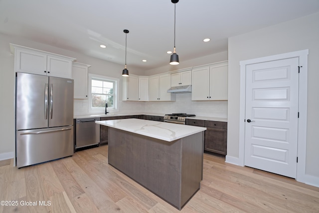 kitchen featuring a sink, stainless steel appliances, backsplash, light wood-type flooring, and under cabinet range hood