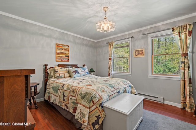 3550 Boyhaven Rd, Middle Grove, NY 12850 - bedroom with crown molding, wood finished floors, baseboards, baseboard heating, and a notable chandelier