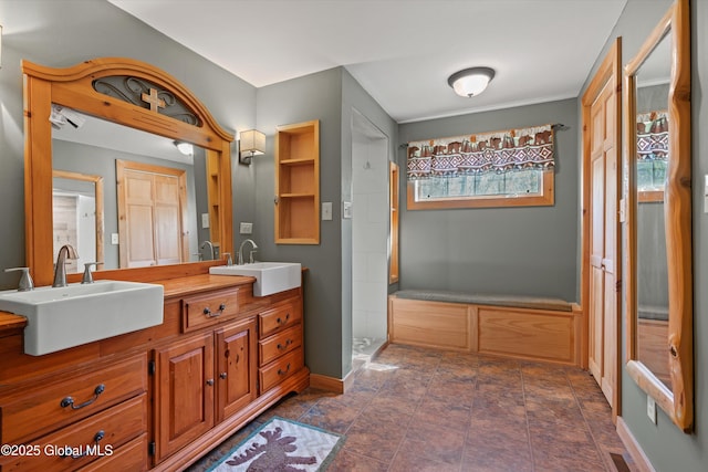 3550 Boyhaven Rd, Middle Grove, NY 12850 - full bathroom featuring double vanity, baseboards, a sink, and a shower