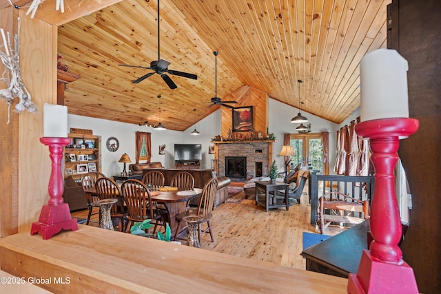 3550 Boyhaven Rd, Middle Grove, NY 12850 - living room featuring wood finished floors, a fireplace, high vaulted ceiling, wooden ceiling, and a ceiling fan