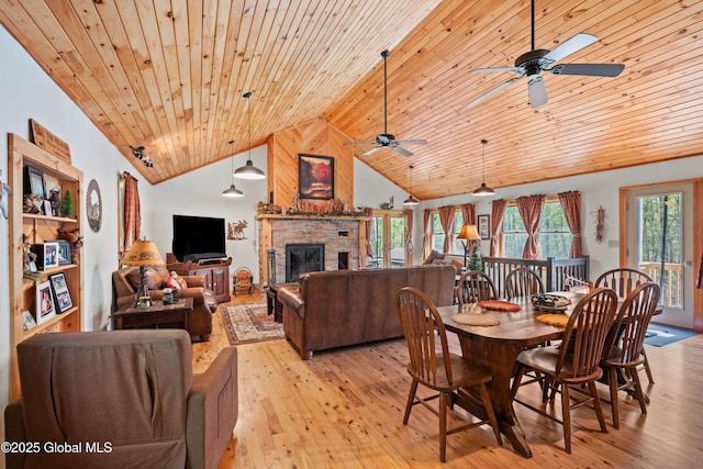 3550 Boyhaven Rd, Middle Grove, NY 12850 - dining room featuring a stone fireplace, high vaulted ceiling, wooden ceiling, a ceiling fan, and light wood-style flooring