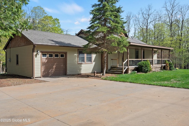 3550 Boyhaven Rd, Middle Grove, NY 12850 - view of front of house with a front lawn, an attached garage, roof with shingles, a porch, and driveway