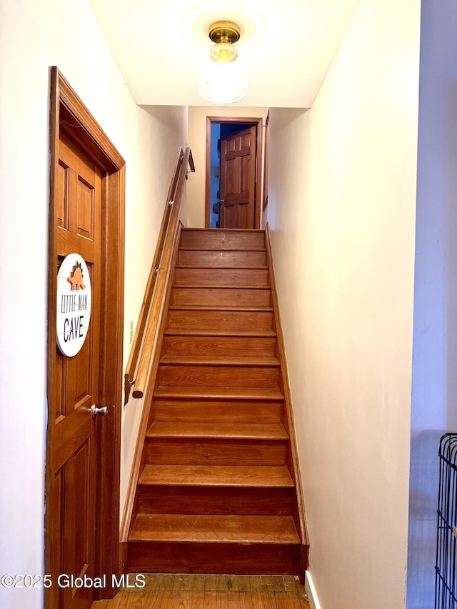 stairs featuring wood finished floors