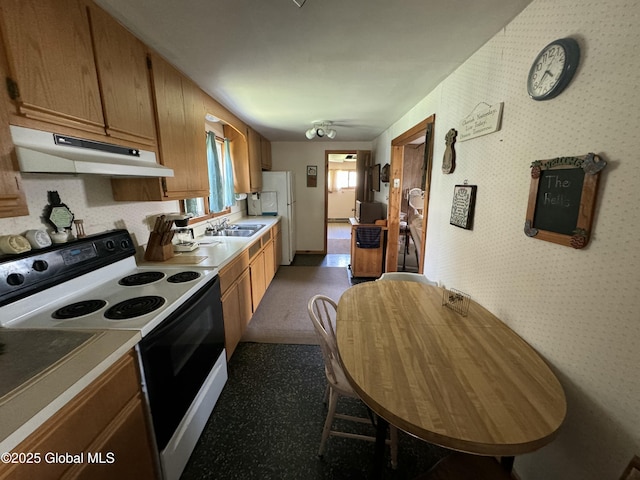 113 Forest Ave, Caroga, NY 12032 - kitchen with light countertops, electric range oven, under cabinet range hood, and freestanding refrigerator