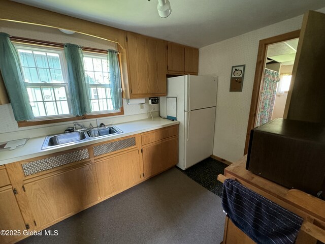 113 Forest Ave, Caroga, NY 12032 - kitchen featuring freestanding refrigerator, a sink, and light countertops