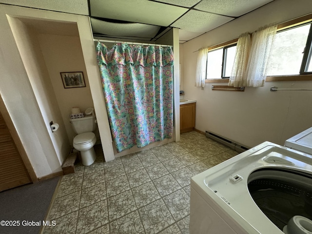 113 Forest Ave, Caroga, NY 12032 - bathroom with vanity, toilet, a shower with curtain, and a baseboard radiator