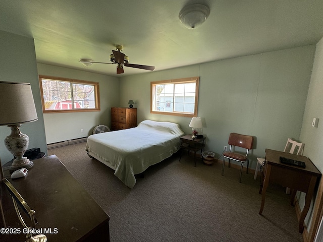 113 Forest Ave, Caroga, NY 12032 - bedroom with carpet flooring, ceiling fan, and a baseboard radiator