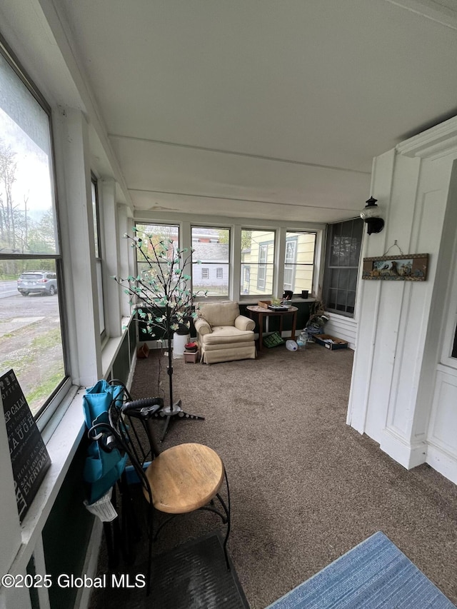 sunroom / solarium featuring carpet and a healthy amount of sunlight