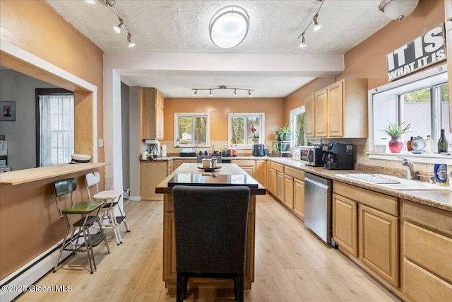 209 Lake Ave, Lake Luzerne, NY 12846 - kitchen with appliances with stainless steel finishes, rail lighting, a sink, a center island, and light brown cabinetry