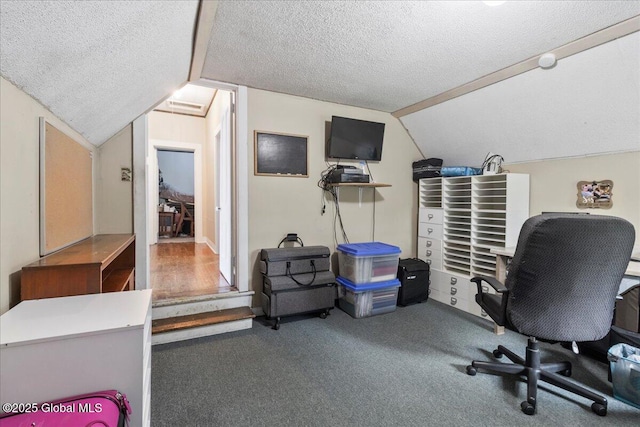 209 Lake Ave, Lake Luzerne, NY 12846 - carpeted home office with vaulted ceiling and a textured ceiling