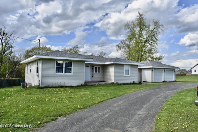 ranch-style home with a shingled roof, a front yard, and cooling unit