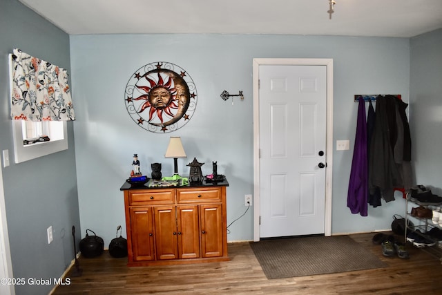 foyer with baseboards and wood finished floors