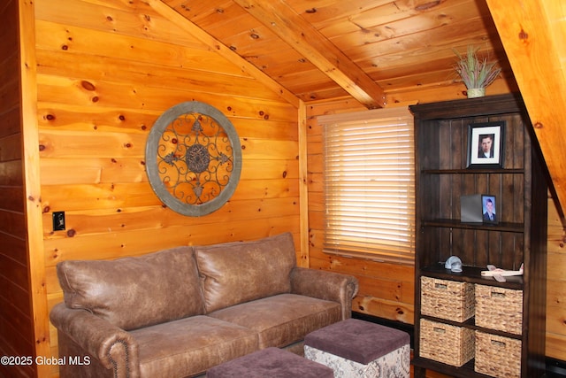 127 Fording Rd, Esperance, NY 12066 - living room with lofted ceiling with beams, wooden walls, and wooden ceiling