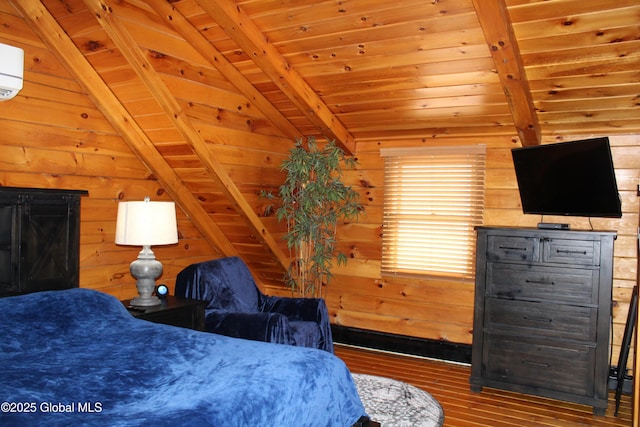 127 Fording Rd, Esperance, NY 12066 - bedroom featuring vaulted ceiling with beams, wood walls, wood finished floors, and wooden ceiling