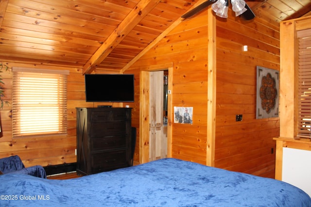127 Fording Rd, Esperance, NY 12066 - bedroom featuring wooden walls, wooden ceiling, and lofted ceiling with beams