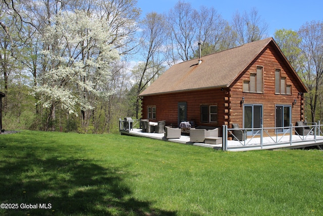 127 Fording Rd, Esperance, NY 12066 - rear view of house featuring a yard, a deck, outdoor lounge area, and log siding