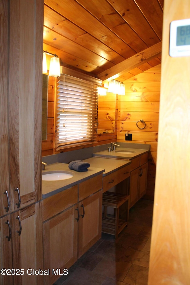 127 Fording Rd, Esperance, NY 12066 - bathroom with double vanity, a sink, wood ceiling, and wood walls